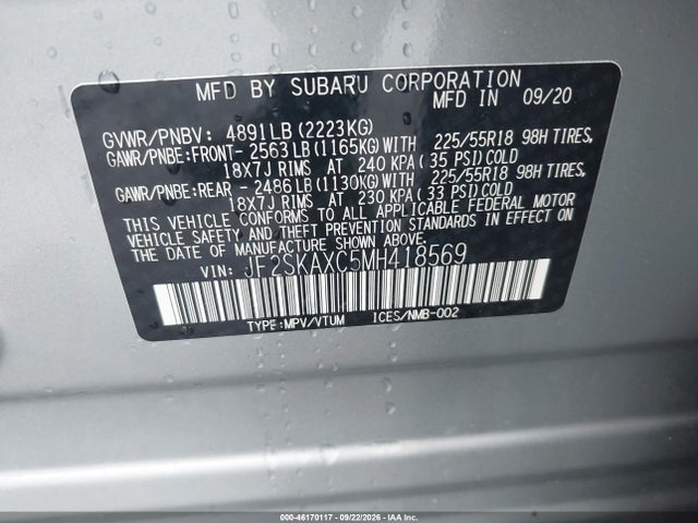 46170117 :رقم المزاد ، JF2SKAXC5MH418569 vin ، 2021 Subaru Forester Touring مزاد بيع