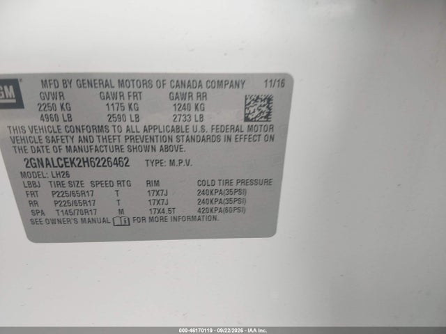 Продаж на аукціоні авто 2017 Chevrolet Equinox Lt, vin: 2GNALCEK2H6226462, номер лоту: 46170119
