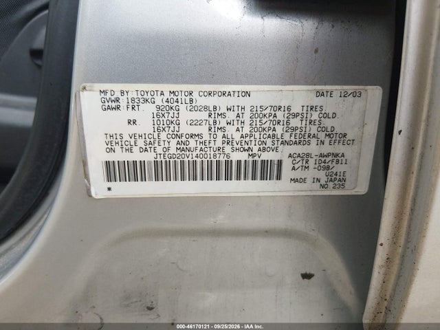 Aukcja sprzedaży 2004 Toyota Rav4, vin: JTEGD20V140018776, numer aukcji: 46170121