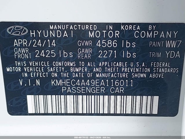 Продаж на аукціоні авто 2014 Hyundai Sonata Hybrid Limited, vin: KMHEC4A49EA116011, номер лоту: 46170132