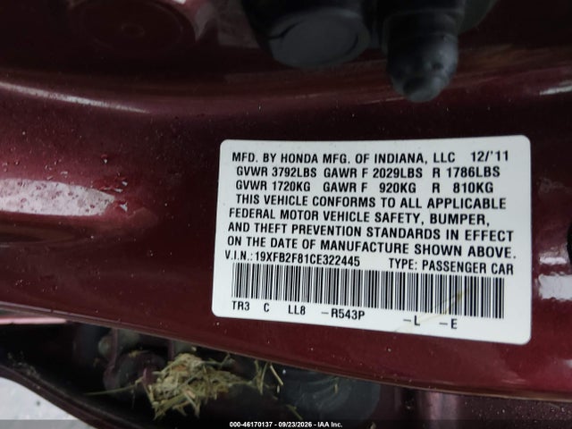 2012 Honda Civic Ex მანქანა იყიდება აუქციონზე, vin: 19XFB2F81CE322445, აუქციონის ნომერი: 46170137
