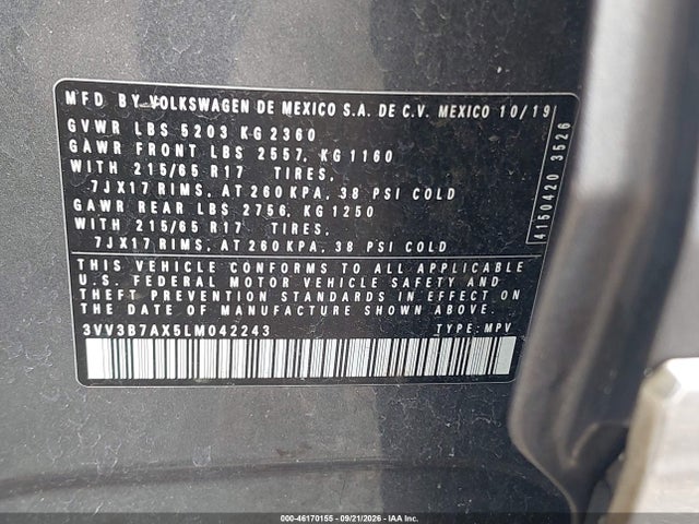 Aukcja sprzedaży 2020 Volkswagen Tiguan, vin: 3VV3B7AX5LM042243, numer aukcji: 46170155