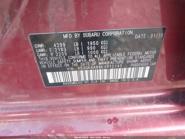 2019 Subaru Impreza 2.0i მანქანა იყიდება აუქციონზე, vin: 4S3GKAA68K3612143, აუქციონის ნომერი: 46170178