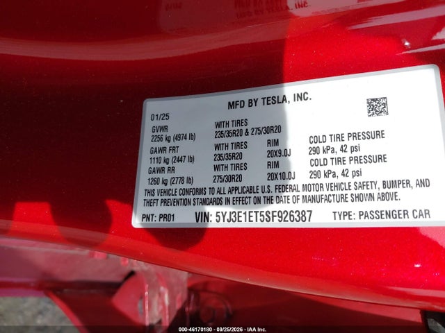 2025 Tesla Model 3 Performance All-wheel Drive მანქანა იყიდება აუქციონზე, vin: 5YJ3E1ET5SF926387, აუქციონის ნომერი: 46170180