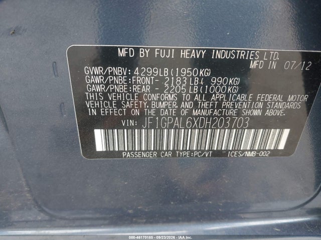 Продаж на аукціоні авто 2013 Subaru Impreza 2.0i Sport Premium, vin: JF1GPAL6XDH203703, номер лоту: 46170185