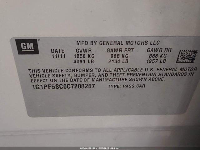 Продаж на аукціоні авто 2012 Chevrolet Cruze 1lt, vin: 1G1PF5SC0C7208207, номер лоту: 46170186