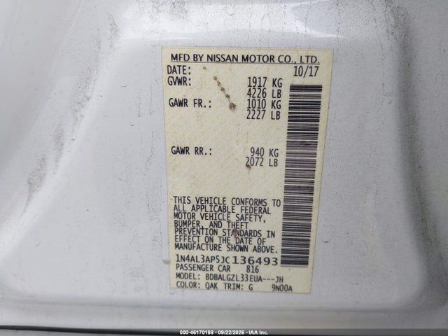 Aukcja sprzedaży 2018 Nissan Altima 2.5 S, vin: 1N4AL3AP5JC136493, numer aukcji: 46170188