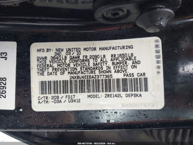 2010 Toyota Corolla S მანქანა იყიდება აუქციონზე, vin: 1NXBU4EE6AZ377365, აუქციონის ნომერი: 46170194