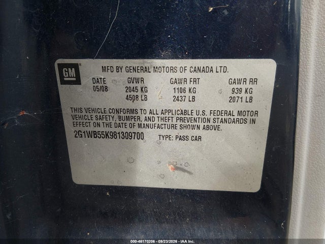 46170206 :رقم المزاد ، 2G1WB55K981309700 vin ، 2008 Chevrolet Impala Ls مزاد بيع