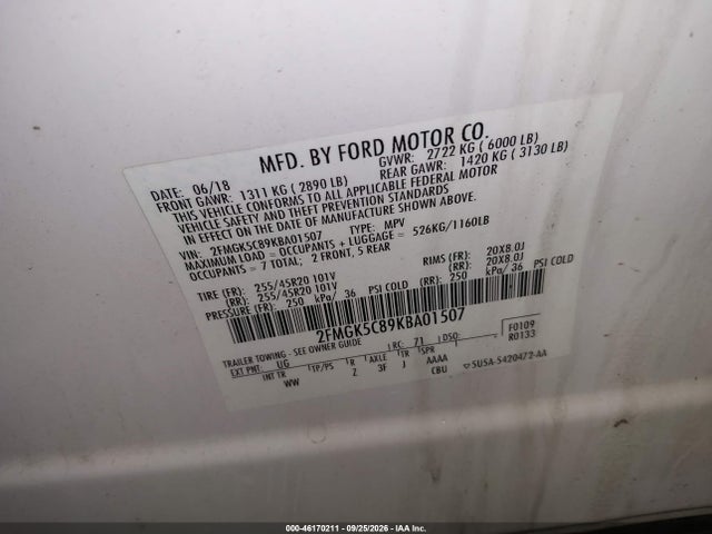 2019 Ford Flex Sel მანქანა იყიდება აუქციონზე, vin: 2FMGK5C89KBA01507, აუქციონის ნომერი: 46170211