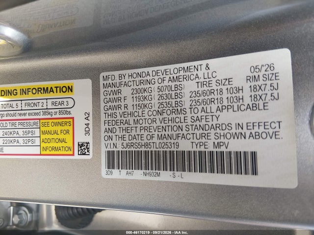 Продаж на аукціоні авто 2026 Honda Cr-v Hybrid 2wd Sport-l, vin: 5J6RS5H85TL025319, номер лоту: 46170219