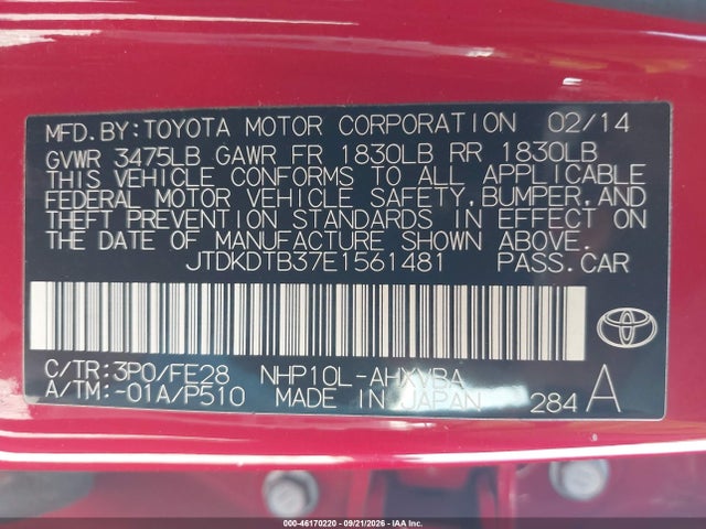 Продажа на аукционе авто 2014 Toyota Prius C One, vin: JTDKDTB37E1561481, номер лота: 46170220