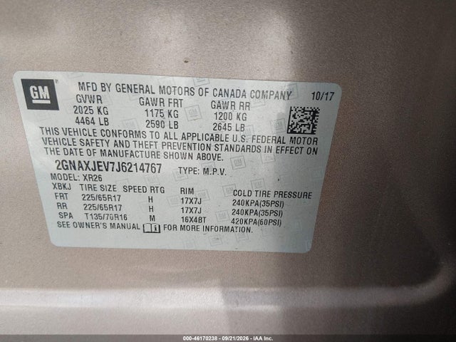 2018 Chevrolet Equinox Lt მანქანა იყიდება აუქციონზე, vin: 2GNAXJEV7J6214767, აუქციონის ნომერი: 46170238