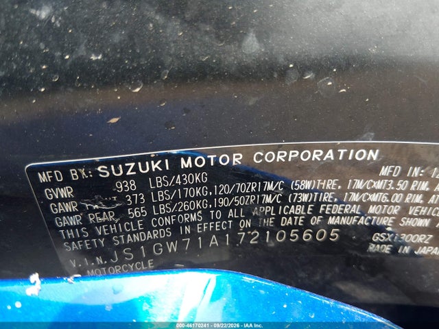 Aukcja sprzedaży 2007 Suzuki Gsx1300 Rz, vin: JS1GW71A172105605, numer aukcji: 46170241