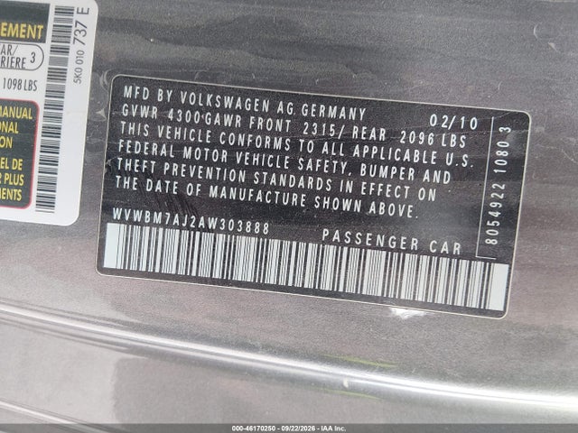 Продаж на аукціоні авто 2010 Volkswagen Golf Tdi, vin: WVWBM7AJ2AW303888, номер лоту: 46170250