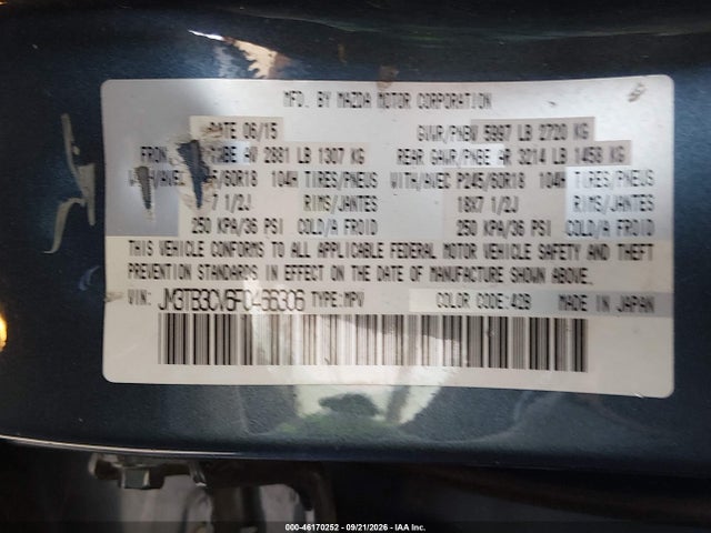 46170252 :رقم المزاد ، JM3TB3CV6F0466306 vin ، 2015 Mazda Cx-9 Touring مزاد بيع