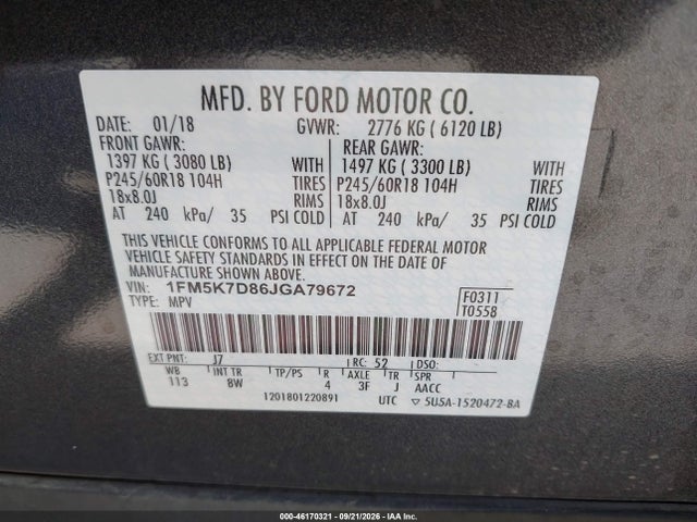 Продаж на аукціоні авто 2018 Ford Explorer Xlt, vin: 1FM5K7D86JGA79672, номер лоту: 46170321