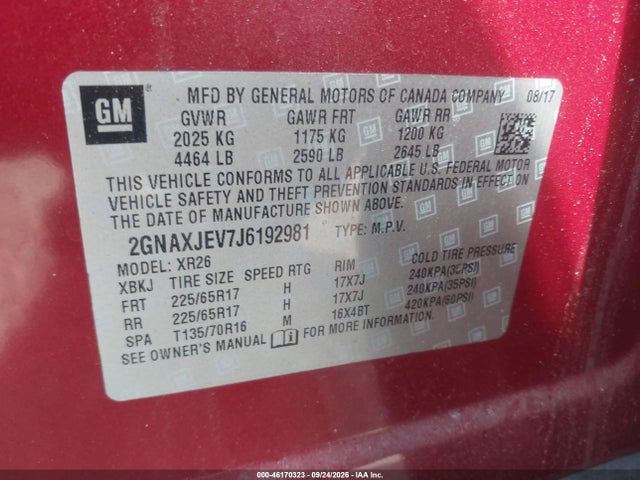 Продаж на аукціоні авто 2018 Chevrolet Equinox Lt, vin: 2GNAXJEV7J6192981, номер лоту: 46170323