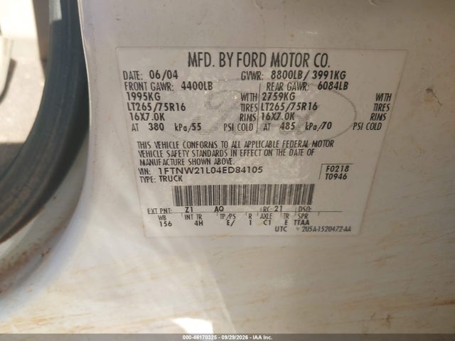 46170325 :رقم المزاد ، 1FTNW21L04ED84105 vin ، 2004 Ford F-250 Lariat/xl/xlt مزاد بيع