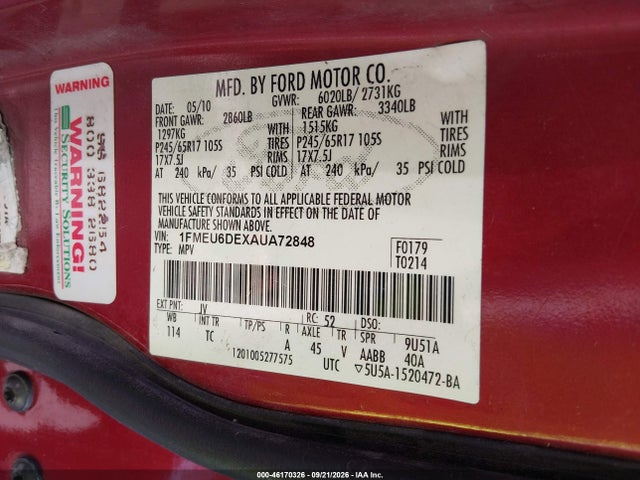 46170326 :رقم المزاد ، 1FMEU6DEXAUA72848 vin ، 2010 Ford Explorer Xlt مزاد بيع