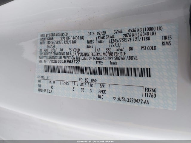 2020 Ford F-250 Xl მანქანა იყიდება აუქციონზე, vin: 1FT7X2B66LEE63727, აუქციონის ნომერი: 46170337