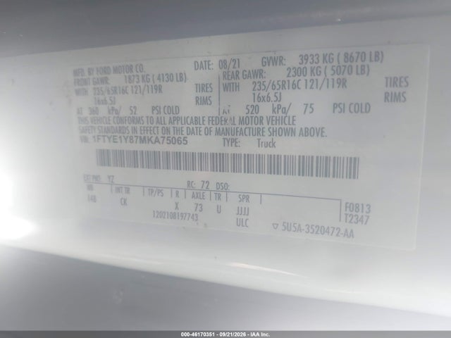 Продаж на аукціоні авто 2021 Ford Transit-150, vin: 1FTYE1Y87MKA75065, номер лоту: 46170351
