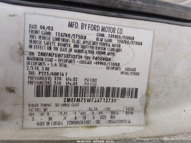 46170352 :رقم المزاد ، 2MEFM75W73X712739 vin ، 2003 Mercury Grand Marquis Ls مزاد بيع