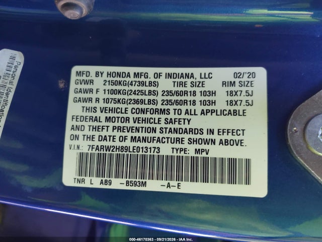 Продаж на аукціоні авто 2020 Honda Cr-v Awd Ex-l, vin: 7FARW2H89LE013173, номер лоту: 46170363