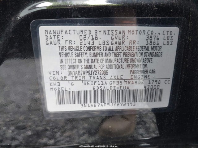 Aukcja sprzedaży 2018 Nissan Sentra Sv, vin: 3N1AB7AP9JY272995, numer aukcji: 46170365