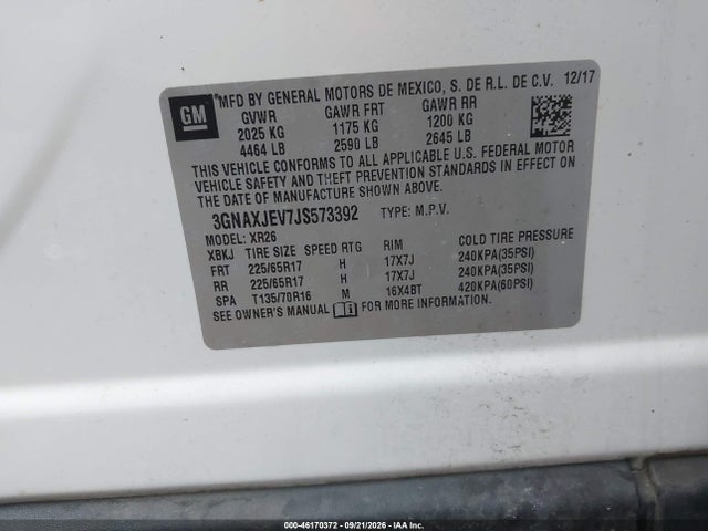 2018 Chevrolet Equinox Lt მანქანა იყიდება აუქციონზე, vin: 3GNAXJEV7JS573392, აუქციონის ნომერი: 46170372
