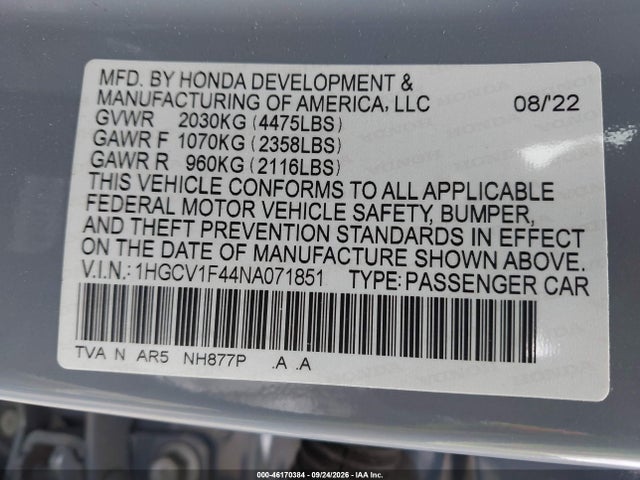 2022 Honda Accord Sport Se მანქანა იყიდება აუქციონზე, vin: 1HGCV1F44NA071851, აუქციონის ნომერი: 46170384
