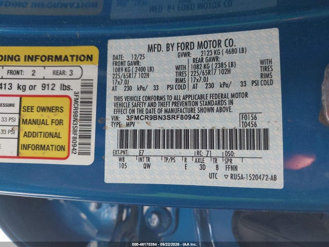 46170394 :رقم المزاد ، 3FMCR9BN3SRF80942 vin ، 2025 Ford Bronco Sport Big Bend مزاد بيع