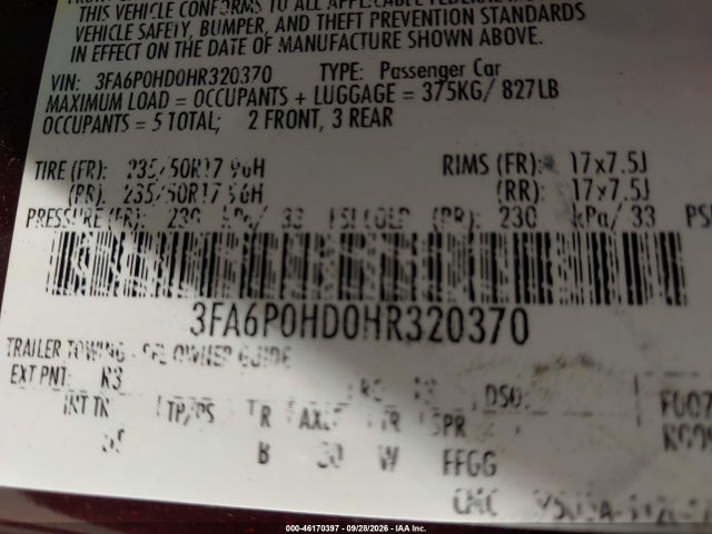 46170397 :رقم المزاد ، 3FA6P0HD0HR320370 vin ، 2017 Ford Fusion Se مزاد بيع