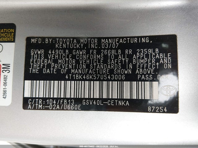Продажа на аукционе авто 2007 Toyota Camry Le V6, vin: 4T1BK46K57U543006, номер лота: 46170402