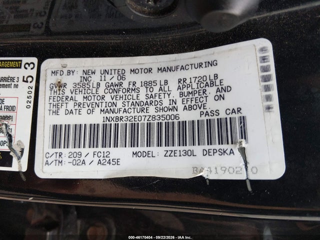 Aukcja sprzedaży 2007 Toyota Corolla S, vin: 1NXBR32E07Z835006, numer aukcji: 46170404