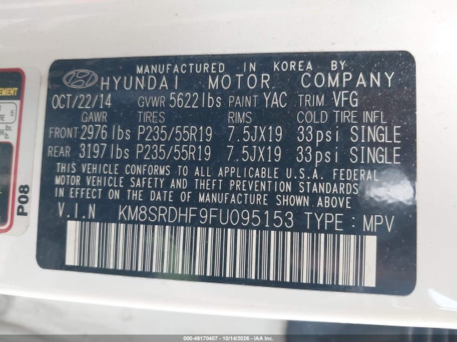 Aukcja sprzedaży 2015 Hyundai Santa Fe Gls, vin: KM8SRDHF9FU095153, numer aukcji: 46170407