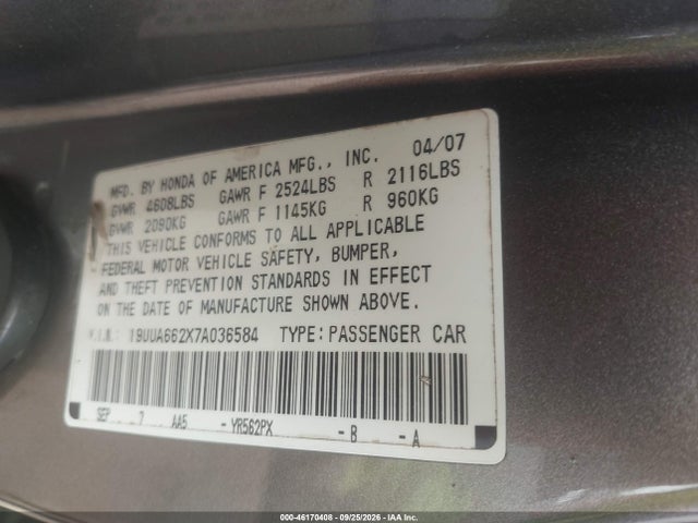 2007 Acura Tl 3.2 მანქანა იყიდება აუქციონზე, vin: 19UUA662X7A036584, აუქციონის ნომერი: 46170408