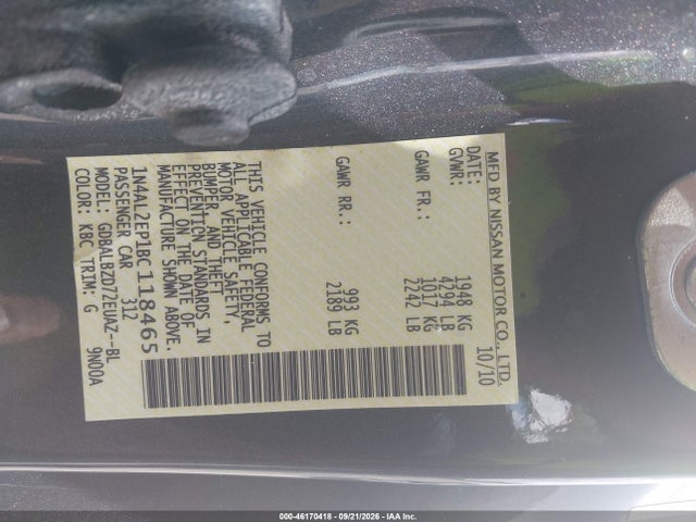 Aukcja sprzedaży 2011 Nissan Altima 2.5 S, vin: 1N4AL2EP1BC118465, numer aukcji: 46170418