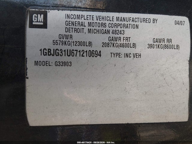 46170420 :رقم المزاد ، 1GBJG31U671210694 vin ، 2007 Chevrolet Express Cutaway Work Van مزاد بيع
