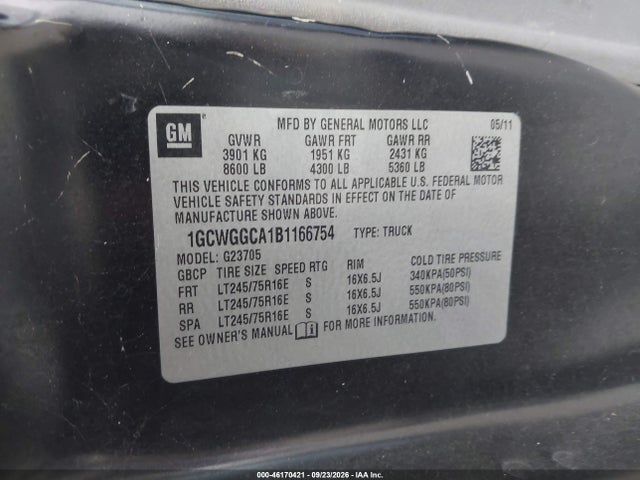 Продажа на аукционе авто 2011 Chevrolet Express 2500 Work Van, vin: 1GCWGGCA1B1166754, номер лота: 46170421