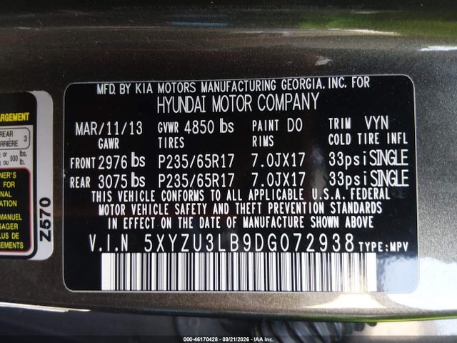 46170428 :رقم المزاد ، 5XYZU3LB9DG072938 vin ، 2013 Hyundai Santa Fe Sport مزاد بيع