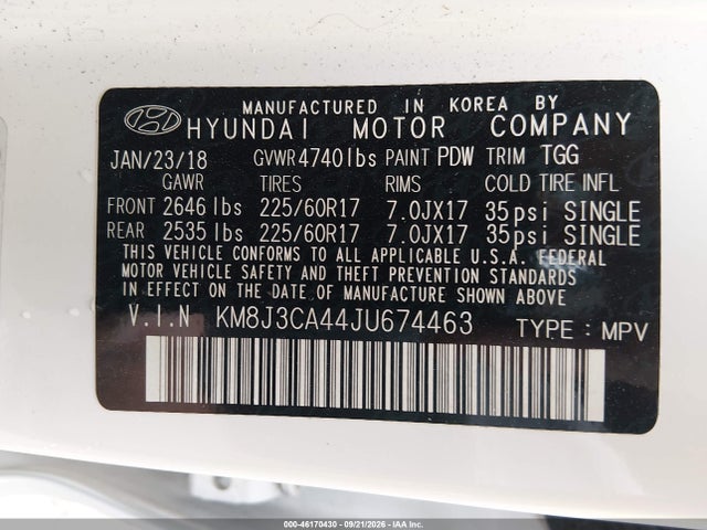 46170430 :رقم المزاد ، KM8J3CA44JU674463 vin ، 2018 Hyundai Tucson Sel مزاد بيع
