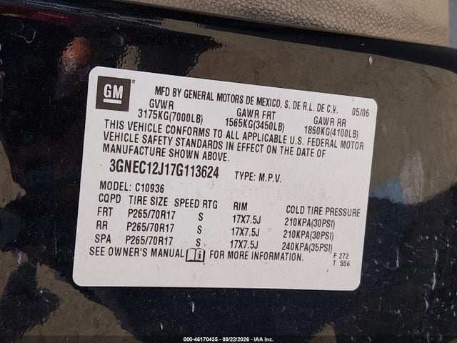46170435 :رقم المزاد ، 3GNEC12J17G113624 vin ، 2007 Chevrolet Avalanche 1500 Lt مزاد بيع