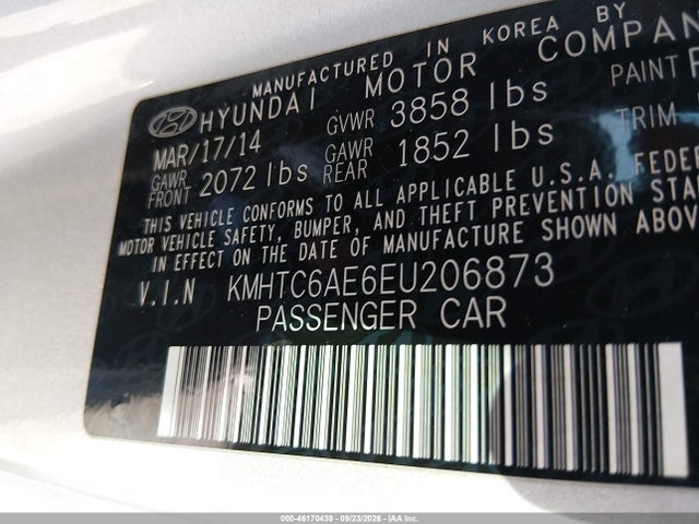 2014 Hyundai Veloster Turbo W/blue მანქანა იყიდება აუქციონზე, vin: KMHTC6AE6EU206873, აუქციონის ნომერი: 46170438
