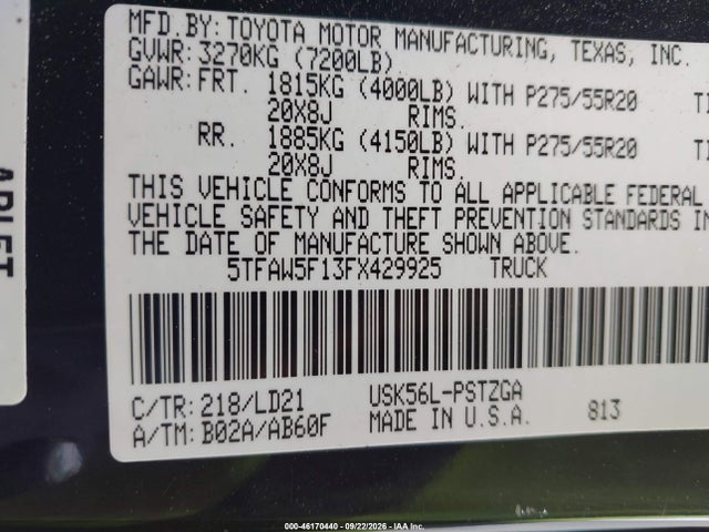 46170440 :رقم المزاد ، 5TFAW5F13FX429925 vin ، 2015 Toyota Tundra 1794 5.7l V8 مزاد بيع