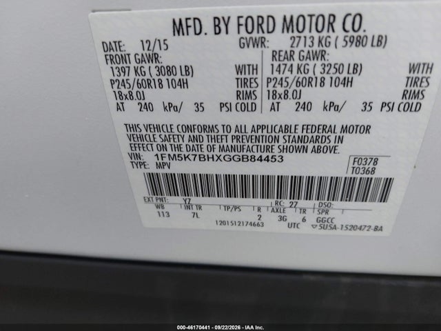 46170441 :رقم المزاد ، 1FM5K7BHXGGB84453 vin ، 2016 Ford Explorer مزاد بيع