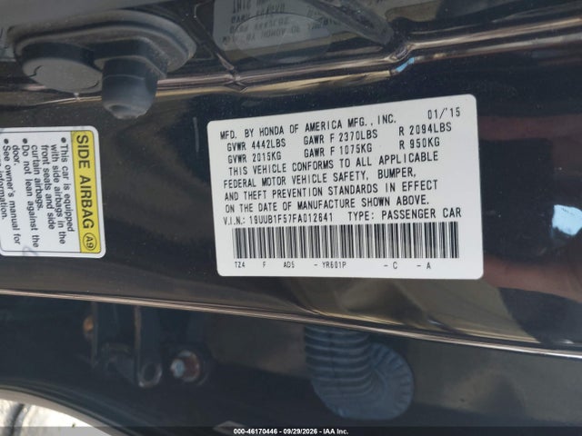 46170446 :رقم المزاد ، 19UUB1F57FA012641 vin ، 2015 Acura Tlx Tech مزاد بيع