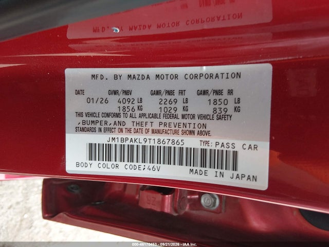 46170453 :رقم المزاد ، JM1BPAKL9T1867865 vin ، 2026 Mazda Mazda3 2.5 S Select Sport مزاد بيع
