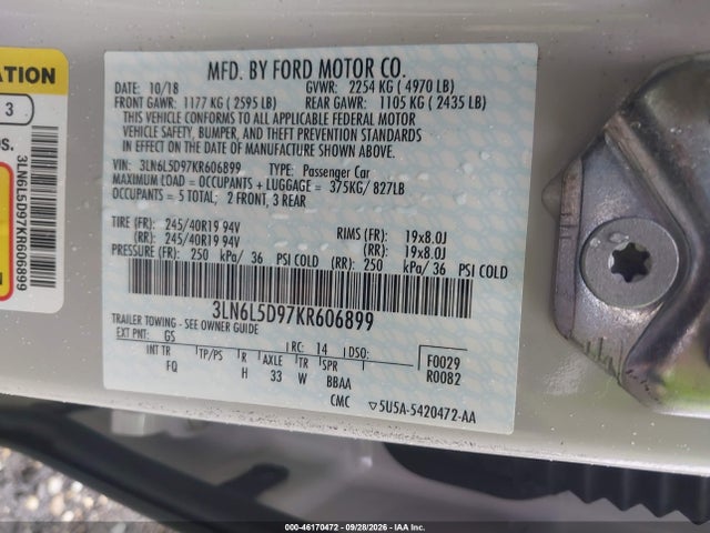 46170472 :رقم المزاد ، 3LN6L5D97KR606899 vin ، 2019 Lincoln Mkz Reserve I مزاد بيع