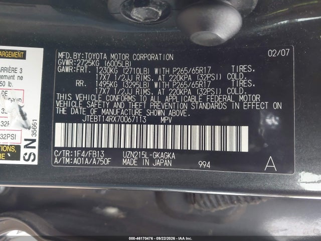 2007 Toyota 4runner Sport V8 მანქანა იყიდება აუქციონზე, vin: JTEBT14RX70067113, აუქციონის ნომერი: 46170476